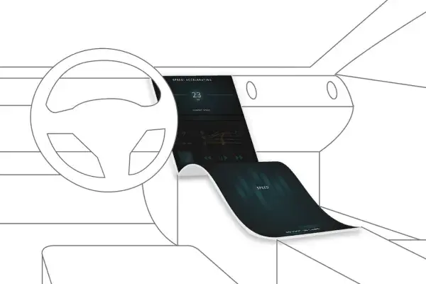 line drawing of inside of car with proposed AI interface covering the center console