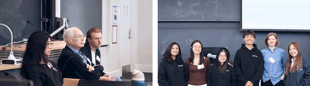 2 images side by side - left image features the 3 judges seated at the front of the classroom, in the photo on the right the 6 members of the CASI board