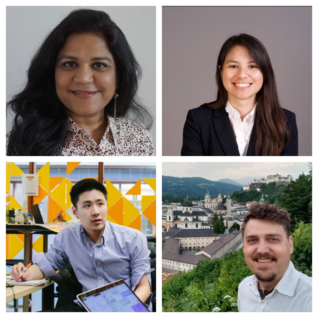 square collage of 4 headshots of the postdocs speaking - Chhabra, Fernandes Minori, Kim and Shultz