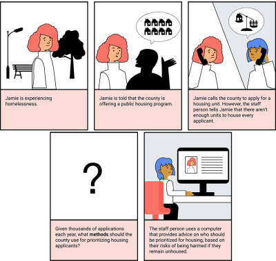 Researchers in the HCII used comics to explore how community-centered AI design can include both the people experiencing homelessness and the frontline workers who use AI to help them.