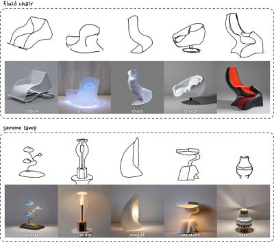 Sketches and AI generated images of 5 fluid chairs and 5 serene lamps with several examples like lava and clouds inspired by nature