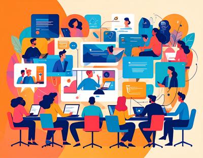 brightly colored illustration of a collage of overlapping screens and visuals in the space above 6 people sitting at computers