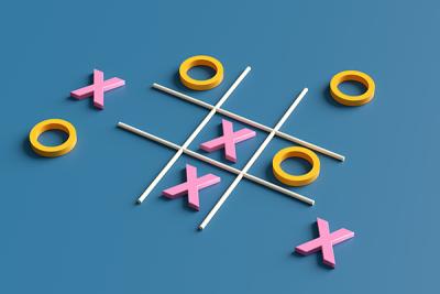 a tic tac toe board during mid-game on a grey background, the pieces are shaped like the pink letter X and a yellow letter 0