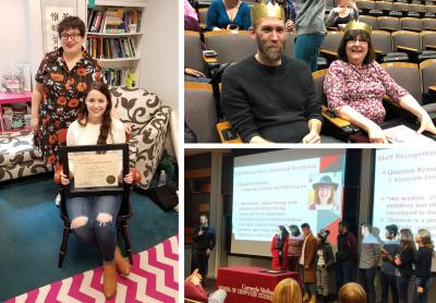 Collage of 3 photos from the SCS awards ceremony. Queenie and Geoff wearing gold crowns, Queenie and group on stage, Diana and Jessica with her award in Jessica's office afterward