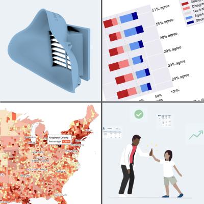 4 images: 3D printed mask, a chart, illustration of student high fiveing teacher & US map counties