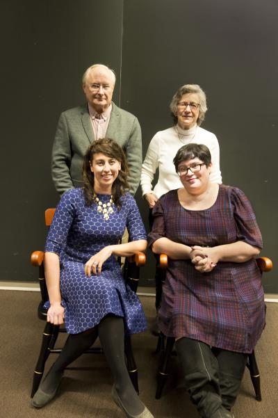 Tom and Lydia Moran stand behind professors Jessica Hammer and Amy Ogan (seated)