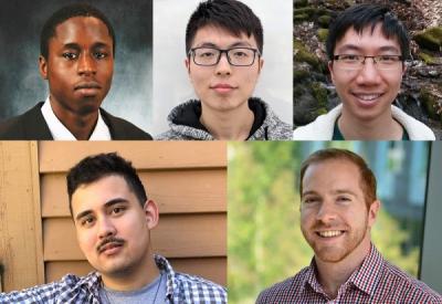 Five SCS graduate students have been named 2020 Siebel Scholars: Amadou Latyr Ngom, Junpei Zhou and Eric Wong (top), and Ken Holstein and Michael Madaio (bottom).