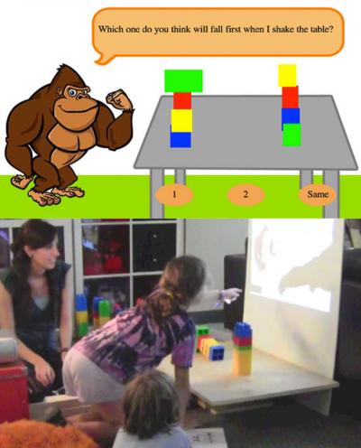 This image shows the Earth Shake game screen on the top, and children playing the game on the bottom.