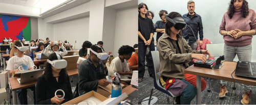 2 side by side classroom photos, all students are wearing AR headsets