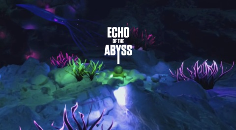 VR scene with some brightly colored underwater plants, text in the center reads "Echo of the Abyss"