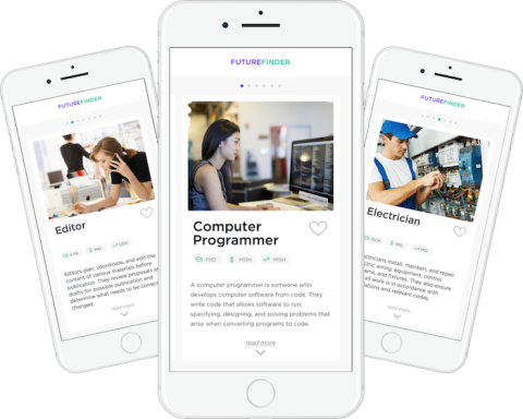 mockup of the app on 3 separate iPhone screens showing the careers editor, electrician and computer programmer