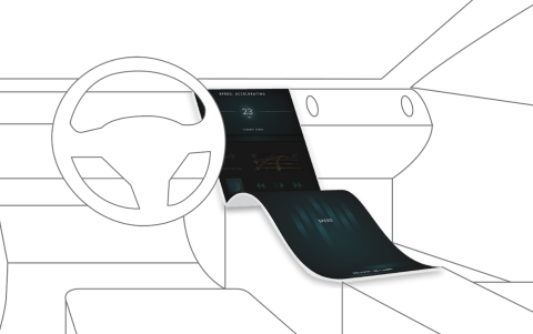 line drawing of inside of car with proposed AI interface covering the center console