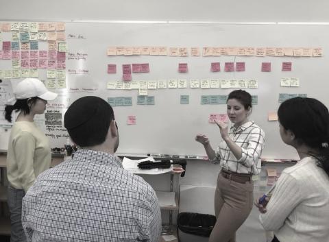 4 members from Nationwide team gather in front of wall of post its while discussing research