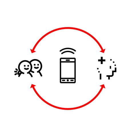 sensing relationships icon: a continuous loop between a person and their friends with a mobile phone in the middle