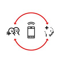 sensing relationships icon: a continuous loop between a person and their friends with a mobile phone in the middle