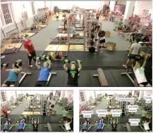 image of gym weight room featuring GymCam green rectangle overlays that recognize exercise motions