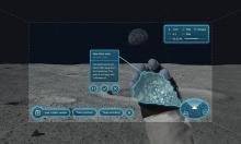 Screenshot of the Moon Buddy interface; a gloved hand holds up a piece of moon rock for documentation