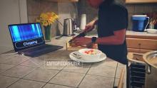 sensors in the kitchen recognize the sound of someone chopping vegetables and displays 