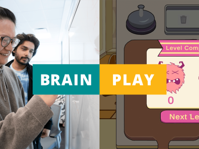 2 side by side images: left side has 2 neuroscience students writing on whiteboard, right side has screen capture of a videogame. The words "Brain Play" are in the center of the graphic.