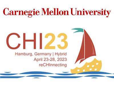 Carnegie Mellon logo (red text) and CHI 2023 logo (a red and yellow sailboat)