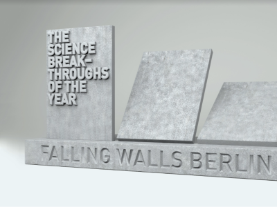 Falling Walls logo, 3 pieces of grey stone wall falling backwards