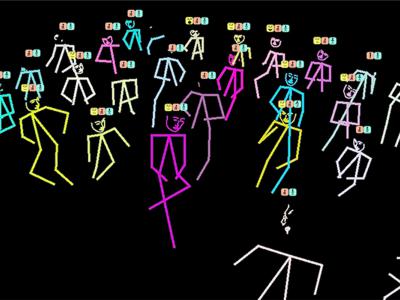 graphic with multicolored stick figures on a black background, representative of an actual classroom of students at their desks