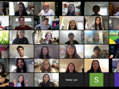 screenshot of a virtual meeting on Zoom with dozens of students 