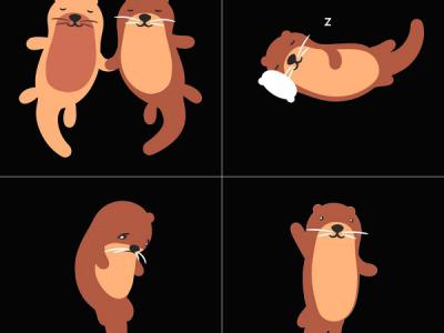 background divided into 4 squares, each with a digital illustration of an otter