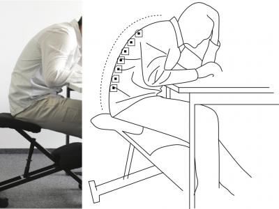 side by side images: left image of a seated person hunched over a desk; right image a line drawing of the person with RFID sensor tags on spine