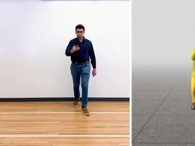 side by side images of Karan holding cellphone and sensor-generated version