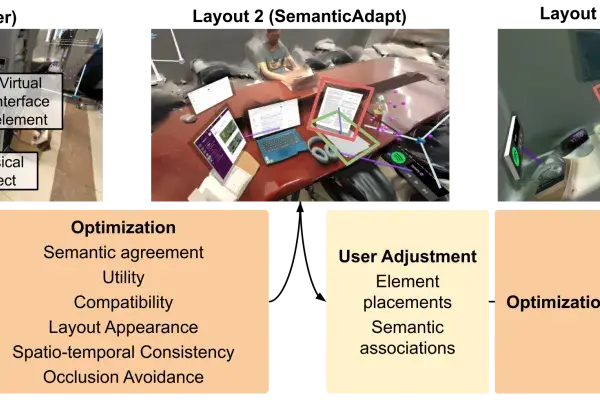 UML-style workflow diagram of system. A Mixed Reality layout is generated by users, and an automatic system the adapts its positioning.