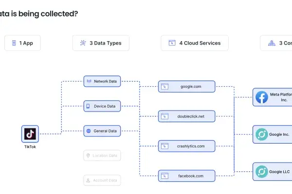 ANTprivacy.org provides thousands of charts, providing visitors with an easy-to-understand roadmap of how apps collect and share data. In this example, the chart highlights TikTok’s data collection practices, revealing that the social media app collects network, device, and general data, which is then sent to four cloud services owned by a total of three companies.