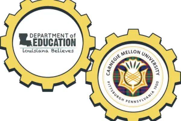 illustration of 2 gears side by side with the Louisiana Department of Education logo in the center of the gear on the left and CMU logo in the center of the gear on the right