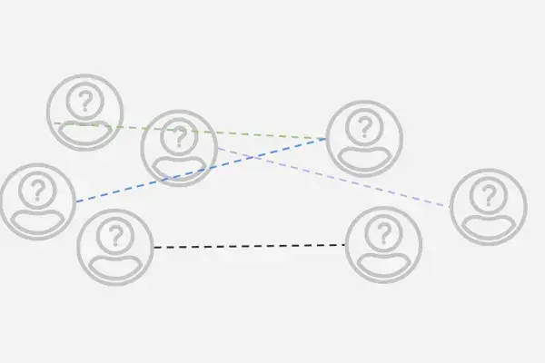 matching for peer support - an illustration of 7 different silhouette images with dashed lines to visualize potential interconnectedness