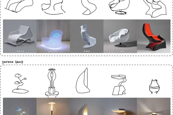 Sketches and AI generated images of 5 fluid chairs and 5 serene lamps with several examples like lava and clouds inspired by nature