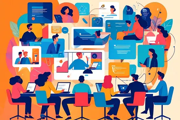 brightly colored illustration of a collage of overlapping screens and visuals in the space above 6 people sitting at computers