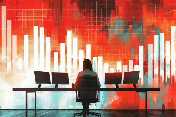 illustration of a person sitting at a desk with 5 computer monitors, in the background there are vertical lines of a white bar chart dark on a moody dark red and black background