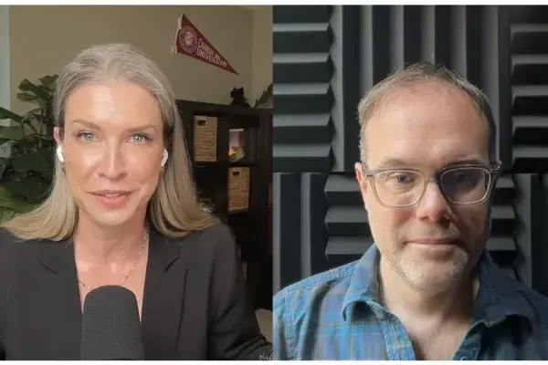 split video screen featuring side by side images of Does Compute podcast host on the left and guest Chris Harrison on the right