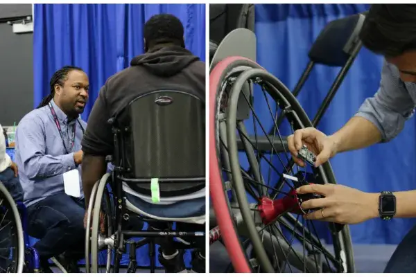 2 side by side photos of an HCII PostDoc and PhD student with the SpokeSense prototype at the NWBA basketball tournament