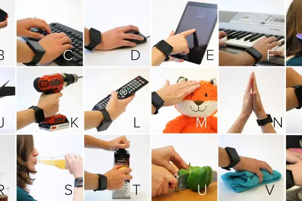 collage of 20+ hand gestures recognized and logged by the sensors 