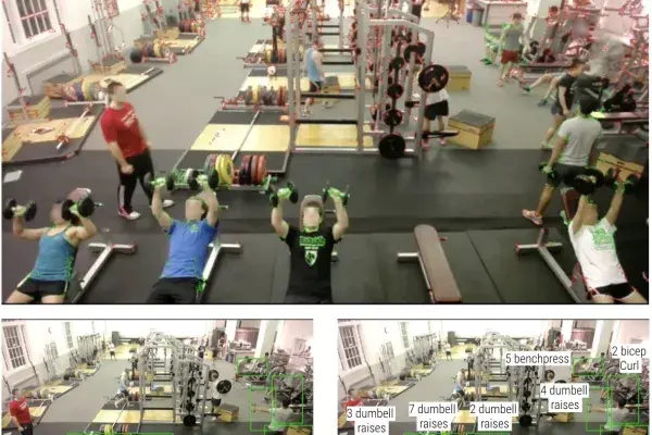 image of gym weight room featuring GymCam green rectangle overlays that recognize exercise motions