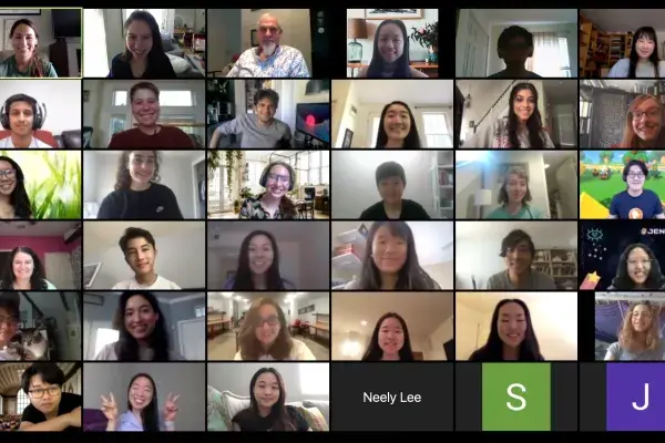 screenshot of a virtual meeting on Zoom with dozens of students 