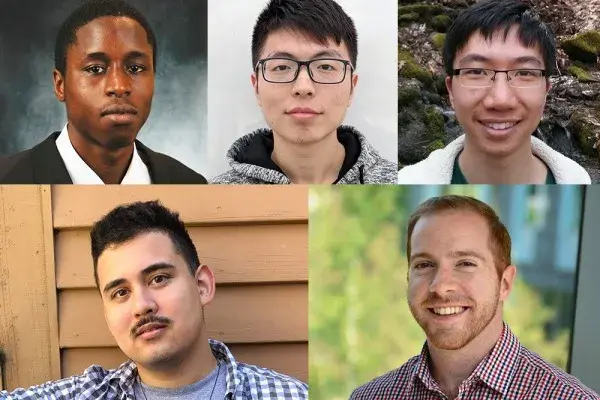 Five SCS graduate students have been named 2020 Siebel Scholars: Amadou Latyr Ngom, Junpei Zhou and Eric Wong (top), and Ken Holstein and Michael Madaio (bottom).