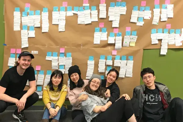 6 capstone teammates sit on floor below a large affinity diagram on the infamous 'MHCI green wall'